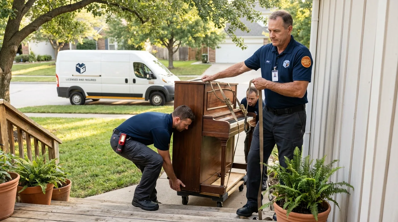 Licensed piano movers securing grand piano in Uniondale, NY