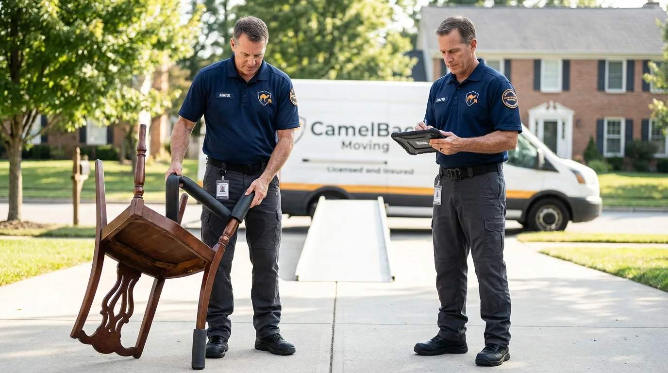 Movers inspecting furniture for damage prevention before loading in Uniondale, NY