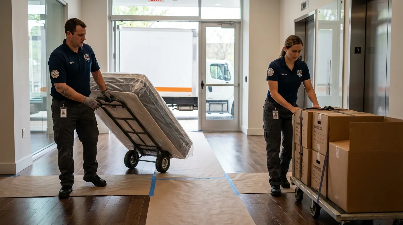 Professional apartment movers loading elevator in Uniondale, NY