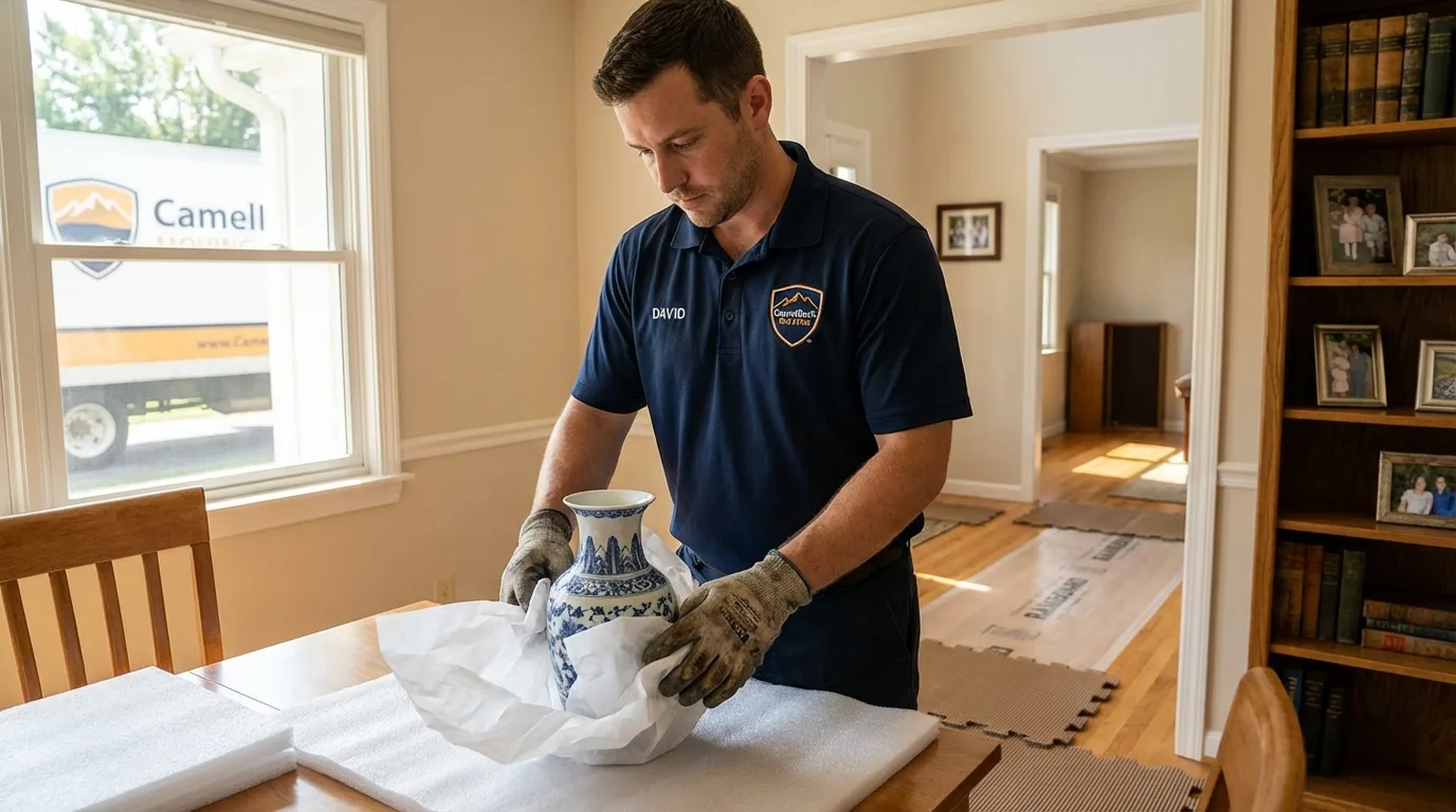 Professional crew carefully wrapping antique vase for senior downsizing move in Uniondale, NY
