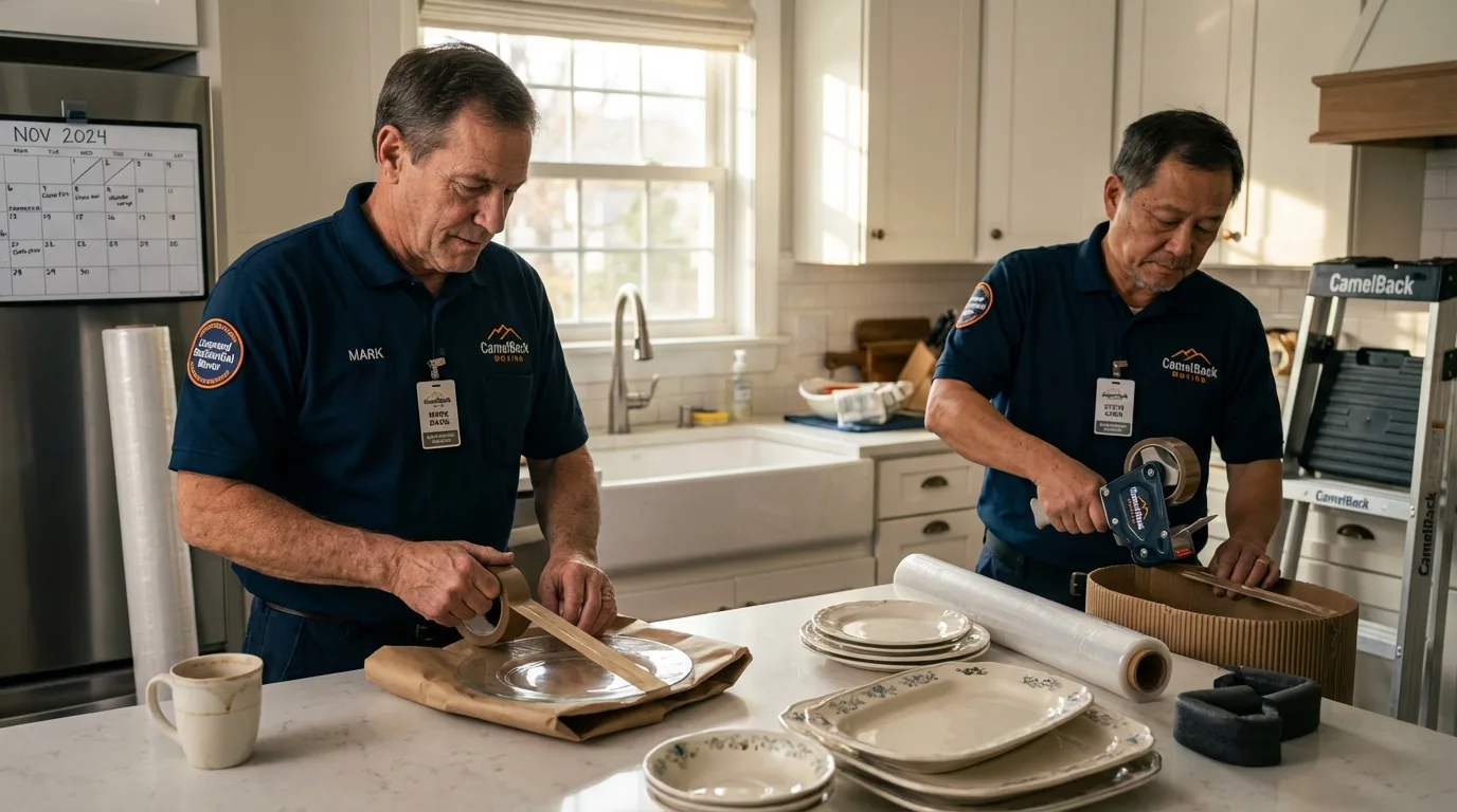 Professional crew packing kitchen dishware in Uniondale, NY